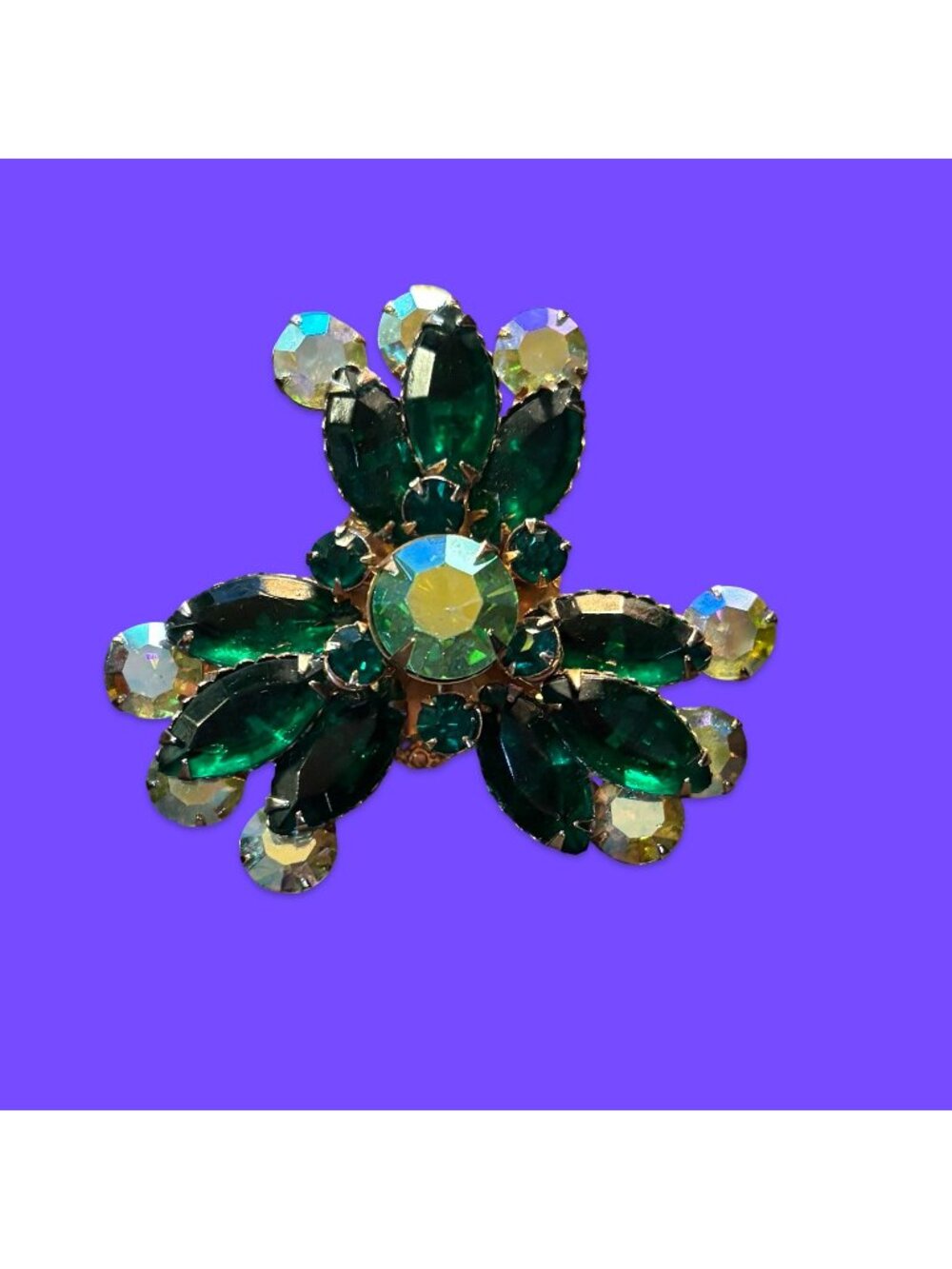 Uranium Green Aurora Borealis Rhinestone Unsigned Brooch Mid Century Statement